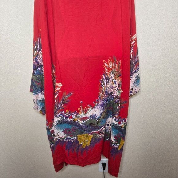 Vintage Sue Starr Hand Made Red Kimono Vibrant Peacock Pattern One Size - Picture 7 of 8